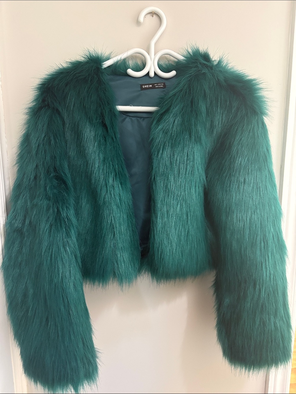 SHEIN Teal Green Faux Fur Cropped Jacket